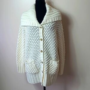 Talbots Wool Alpaca Coastal Grandmother Open Knit Popcorn Ivory Cardigan L